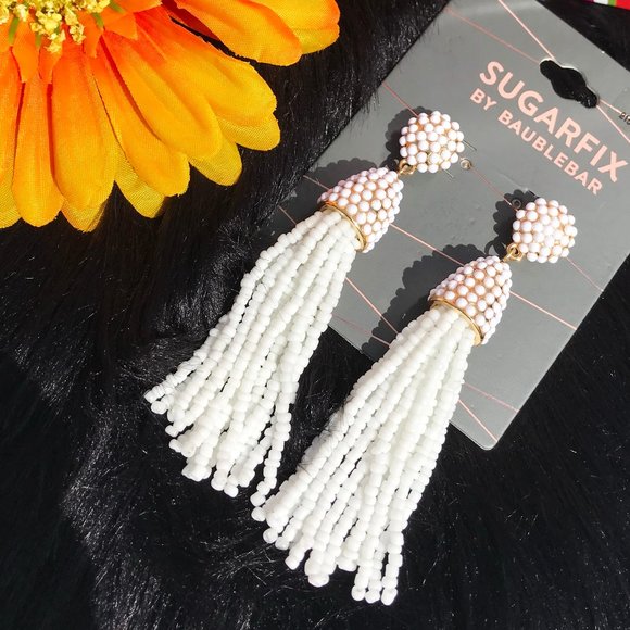 Boho Earrings Tassel Bead Drop Posts White Gold - Picture 4 of 5
